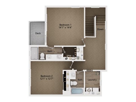 A floor plan of a two bedroom apartment with a deck.